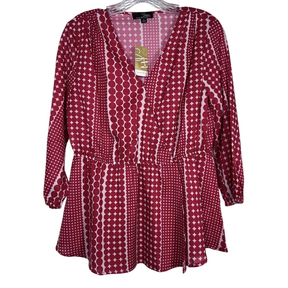NWT SUZANNE BETRO Sz S Top Red Wrap Blouse Shirt Geometric Circles Peplum New